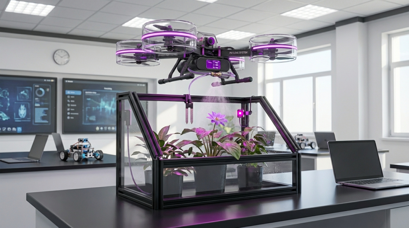 Дрон поливает мини-ферму на парте